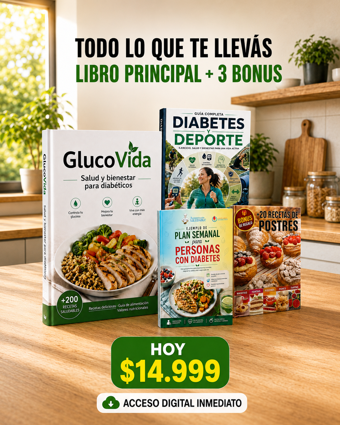 Promoción GlucoVida: libro principal más tres bonus por 14.999 pesos